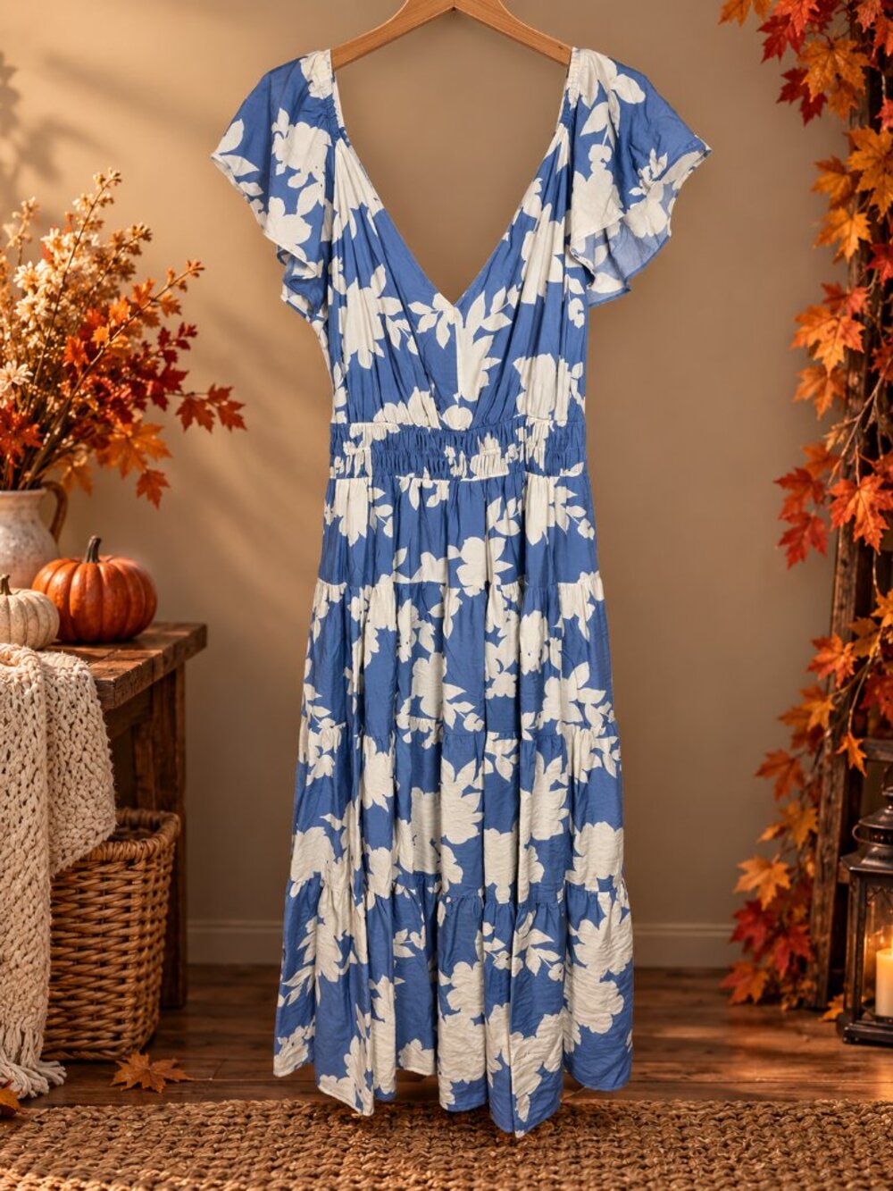 Rachel Zoe Wedding Guest Baby Shower Vacation V-Neck Blue & White Floral Dress
